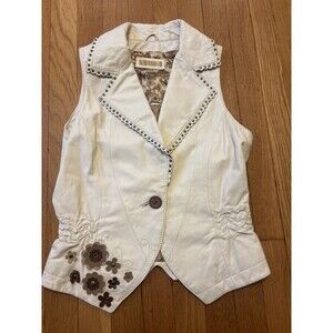 Wilsons Cream Leather Vest 3D Flowers Studded Vintage Y2K Size XS Cinched Waist